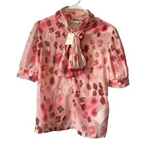 NWT MAJE Pink Floral Tie Neck Blouse Womens 2